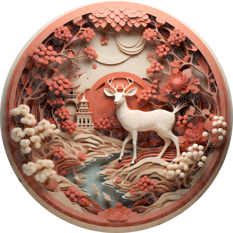 Paper art reindeer standing in layered floral forest with pagoda and coral blossoms, Grey Barn Handwerk, Saskatchewan.